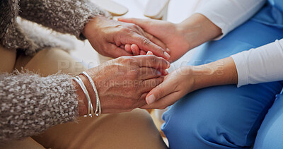 Buy stock photo Holding hands, consultation and nurse with senior woman in house for support in medical diagnosis. Checkup, healthcare and caregiver with elderly patient for compassion in treatment at nursing home.
