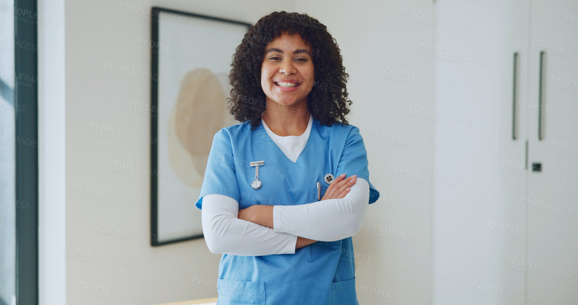 Buy stock photo Medical, portrait or nurse in house with arms crossed, home service or pride as wellness practitioner. Smile, woman or caregiver with confidence, healthcare industry or about us in assisted living.