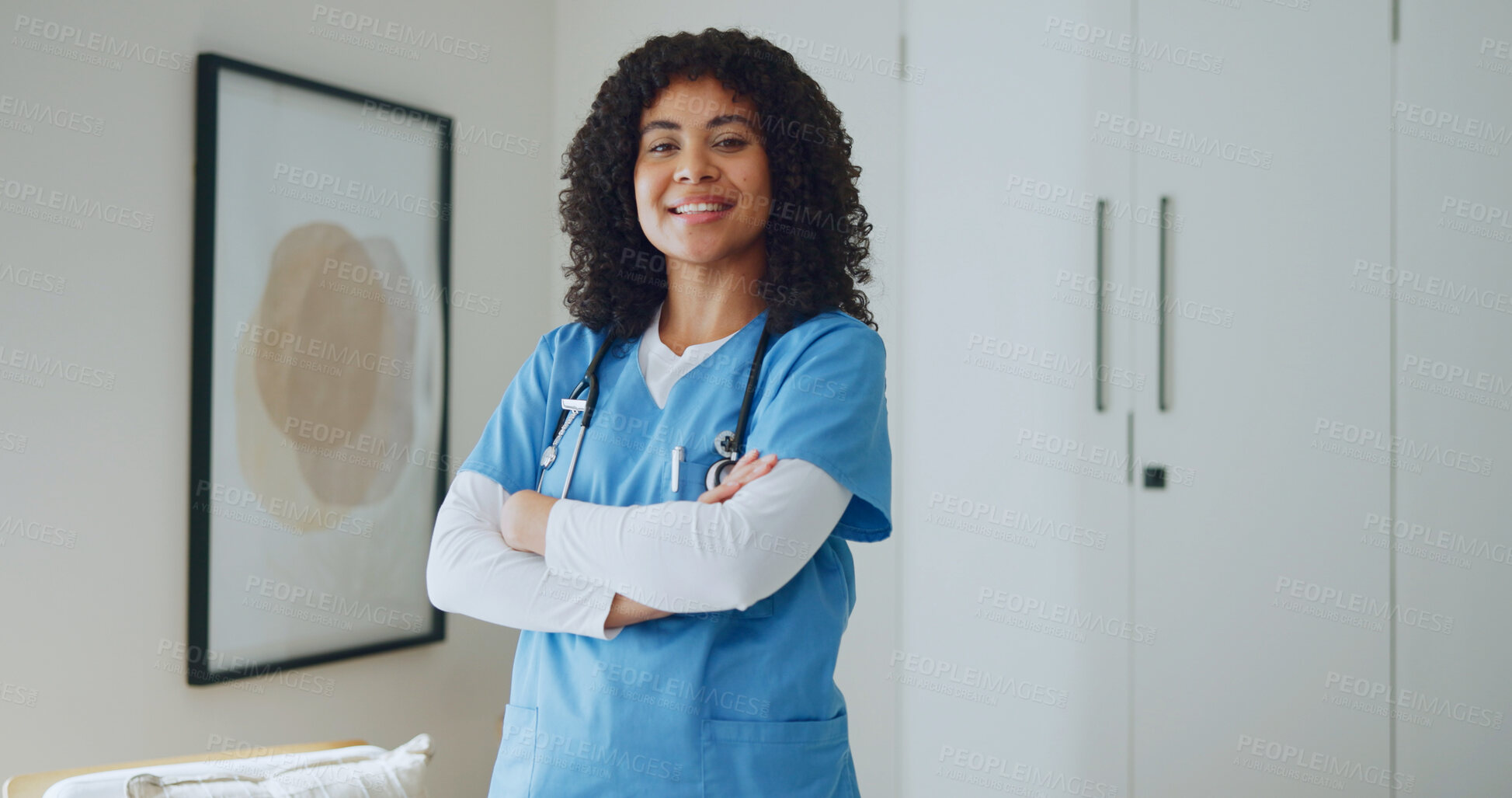 Buy stock photo Portrait, nurse and woman in clinic with arms crossed, cardiology specialist and medical expertise. Confident, happy female person and healthcare worker in office with experience, pride and about us.
