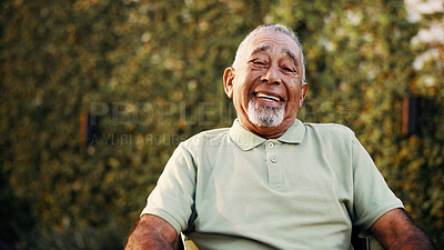 Buy stock photo Happy, outdoor and portrait of senior man in garden for relax, calm and good news for retirement payout. Smile, wellness and elderly person with positive attitude for pension in backyard at house.