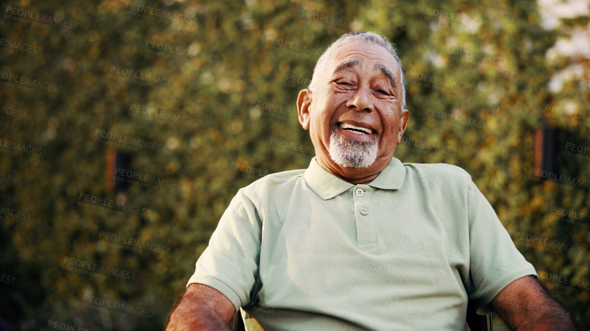 Buy stock photo Happy, outdoor and portrait of senior man in garden for relax, calm and good news for retirement payout. Smile, wellness and elderly person with positive attitude for pension in backyard at house.