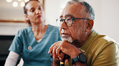 Buy stock photo Thinking, cane and senior man in nursing home, sad or contemplating past memory with caregiver. Nurse, walking stick and person with disability, health reflection and medical support in retirement