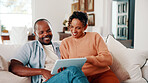 Sofa, relax and black couple with smile on tablet in home for online streaming, network or subscription. Happy man, woman or watching with technology on couch for entertainment or connection in house