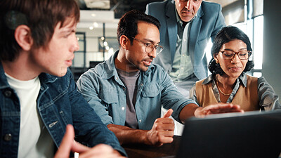 Buy stock photo Laptop, discussion and business people in office with review on app development project. Meeting, feedback and team of web designers with manager for advice on software update on computer at agency