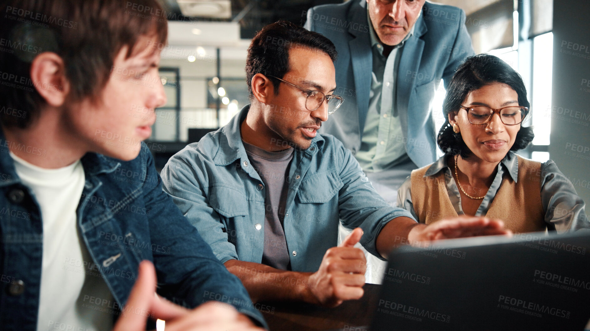 Buy stock photo Laptop, discussion and business people in office with review on app development project. Meeting, feedback and team of web designers with manager for advice on software update on computer at agency