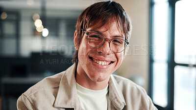 Buy stock photo Portrait, smile and business man in company, glasses and career growth for advertising job. Happy person, media planner and marketing professional with confidence, pride and employee ambition