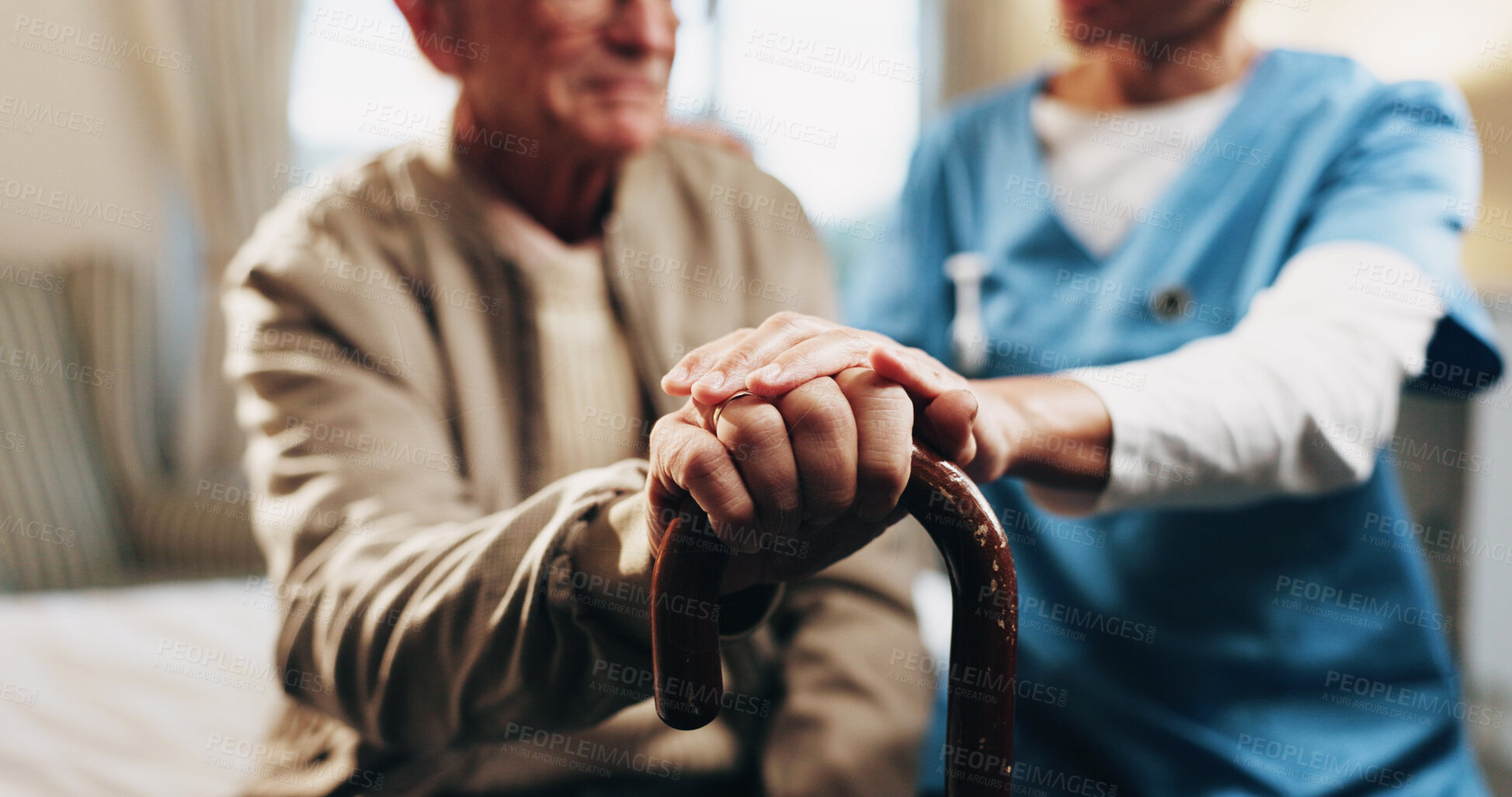Buy stock photo Hands, walking stick and nurse with senior man for comforting, compassion and sympathy for care. Nursing home, help and caregiver with elderly person with cane for bonding, connection and assistance