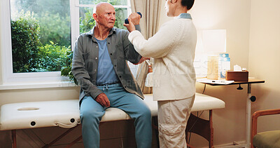 Buy stock photo Old man, dumbbells and physiotherapist in office for fitness, guidance and physio for recovery. Therapist, helping and senior person in workplace with gear, physical therapy and rehabilitation advice