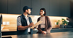 Advice, client and clipboard with plumber in kitchen for invoice agreement, repair plan and consulting. Plumbing solution, home renovation quote and checklist with people for inspection notes