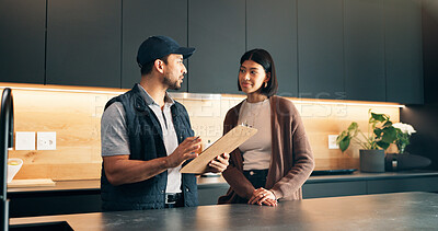 Buy stock photo Advice, client and clipboard with plumber in kitchen for invoice agreement, repair plan and consulting. Plumbing solution, home renovation quote and checklist with people for inspection notes
