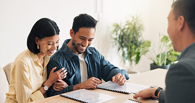 Buy stock photo Smile, couple and advisor in office with document, finance report and application for real estate. Happy, people and realtor with legal paperwork, property investment and financial form for purchase