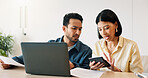 Laptop, calculator and couple in home for planning finance budget, savings or investment. Conversation, documents and man with woman on computer for paying bills, mortgage or debt free in apartment.
