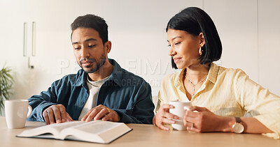 Buy stock photo Couple, reading or Bible study for religion in home, coffee and listen to scripture with faith in God. People, book or learning Christianity for worship, bonding and relationship growth with gospel