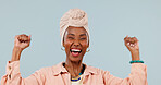 Happy, winning and black woman with fist pump for achievement or victory on a studio background. Excited, female person or smile with success or good news for accomplishment, bonus or job promotion