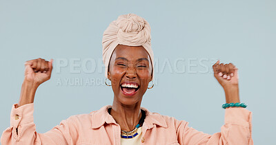 Buy stock photo Happy, winning and black woman with fist pump for business achievement on a studio background. Excited, female person or smile with success or good news for accomplishment, bonus or job promotion
