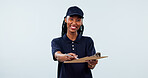Happy, portrait and black woman with clipboard for delivery signature on a studio background. Female person, courier or smile with survey for customer service, online order or shipping confirmation