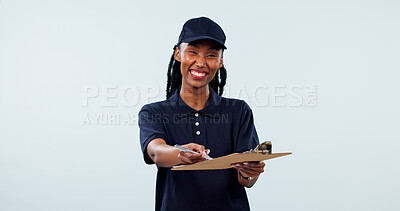 Buy stock photo Happy, portrait and black woman with clipboard for delivery signature on a studio background. Female person, courier or smile with survey for customer service, order or shipping confirmation on space
