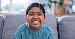 Wellness, portrait and girl in house with smile, positive attitude and chill on weekend break. Confidence, optimistic and child with good mood, happy moment and peaceful holiday for youth wellbeing.