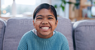 Buy stock photo Wellness, portrait and girl in house with smile, positive attitude and chill on weekend break. Confidence, optimistic and child with good mood, happy moment and peaceful holiday for youth wellbeing.