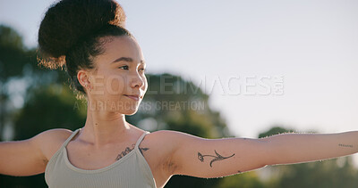 Buy stock photo Fitness, woman and stretching outdoor with yoga, good posture and self care for holistic health. Active, female person and yogi in nature with warrior pose, movement and exercise for wellness. 