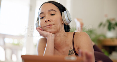 Buy stock photo Woman, break and tablet with headphones for fitness app, virtual exercise lesson and listen to music. Person, training and workout rest in home with audio tech, wellness and search video tutorial.