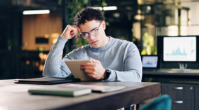 Buy stock photo Tablet, serious and businessman in office with statistics for finance report with stock market analysis. Digital technology, reading and financial advisor on app for investment revenue in workplace.