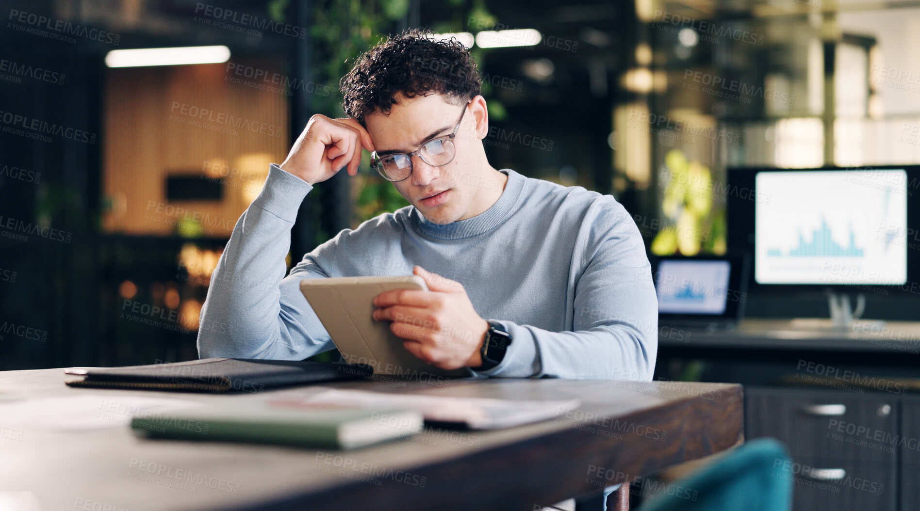 Buy stock photo Tablet, serious and businessman in office with statistics for finance report with stock market analysis. Digital technology, reading and financial advisor on app for investment revenue in workplace.