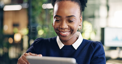 Buy stock photo Finance, businesswoman and smile in office with tablet, bookkeeping admin and scroll for audit report. Bokeh, black person and happy in workplace with tech, review financial statement and accounting.