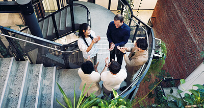 Buy stock photo Sustainable, clap or team in agency with success, esg achievement or good news on eco friendly pitch. People, above or csr staff with applause, waste reduction goal or approval on green proposal.