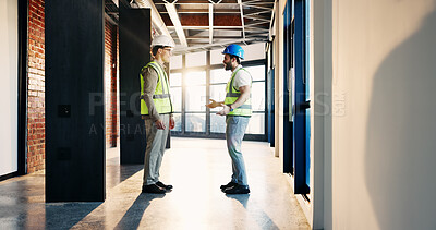 Buy stock photo Happy, architect and men in building, discussion and planning for property development and teamwork. Civil engineering, project management and people with ideas for renovation on construction site