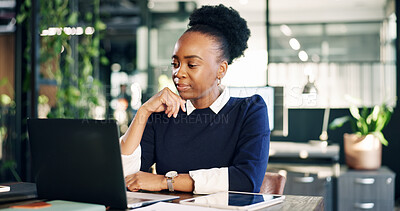 Buy stock photo Research, thinking and black woman in office with laptop, risk assessment and email for insurance claim. Bokeh, person and reading in business with computer, problem solving and review policy payout.