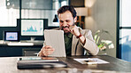 Happy, businessman and celebration in office with tablet, data analysis or bonus for sales performance. Excited, person and tech in agency with graphs, stats and commission reward for revenue growth.