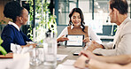Finance, meeting and tablet screen with business team in boardroom for investment report. Data, graph and statistics with employee people in office together for financial feedback or risk management