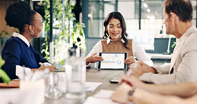 Buy stock photo Finance, meeting and tablet screen with business team in boardroom for investment report. Data, graph and statistics with employee people in office together for financial feedback or risk management