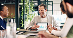 Data, finance and tablet screen with business people in boardroom for investment report. Graph, meeting and statistics with happy employee in office together for financial feedback or risk management