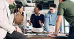 Meeting, fist pump and business people in office with documents for finance report with good news. Happy, discussion and team of financial advisors with paperwork for investment planning in workplace