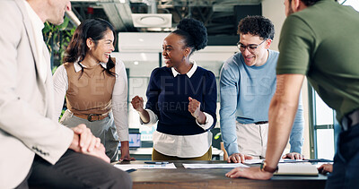Buy stock photo Meeting, fist pump and business people in office with documents for finance report with good news. Happy, discussion and team of financial advisors with paperwork for investment planning in workplace