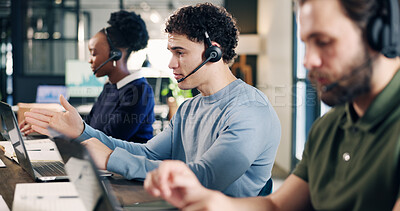 Buy stock photo Headset, laptop and customer service consultant in office for crm, help desk or online consultation. Man, coworking and technical support agent in workplace with enquiry, contact us or call center.