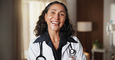 Buy stock photo Doctor, laugh and woman in hospital for healthcare, wellness service and career experience in clinic. Portrait, mature female person and medical professional, funny physician and general practitioner