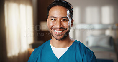 Buy stock photo Medical, portrait and nurse in hospital with smile, clinical service and pride as physician. Ambition, doctor and happy man with confidence, general practitioner and about us in healthcare industry.