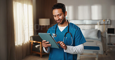 Buy stock photo Healthcare, nurse and man with tablet in hospital for admin, insurance info and reading report. Technology, medical worker and happy person with schedule, telehealth records or email in patient room