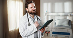 Thinking, doctor and man with tablet in clinic for admin, problem solving and healthcare insight. Technology, medical worker and person with vision, telehealth idea and planning in hospital room