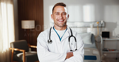 Buy stock photo Medical, portrait and man in hospital with arms crossed, clinical service and pride as physician. Happy, ambition and doctor with confidence, general practitioner and about us in healthcare industry.