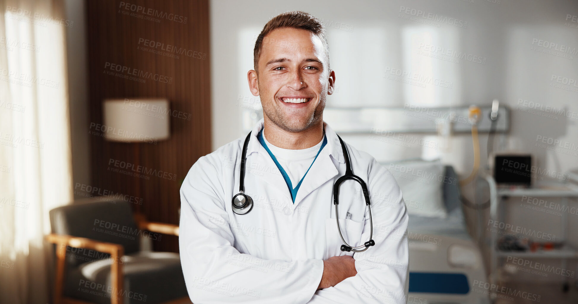 Buy stock photo Medical, portrait and man in hospital with arms crossed, clinical service and pride as physician. Happy, ambition and doctor with confidence, general practitioner and about us in healthcare industry.