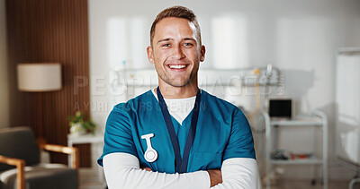 Buy stock photo Portrait, man and nurse in hospital with arms crossed, career pride and smile for medical service. Happy, male person and about us at facility with ambition, nursing job and assistance for healthcare