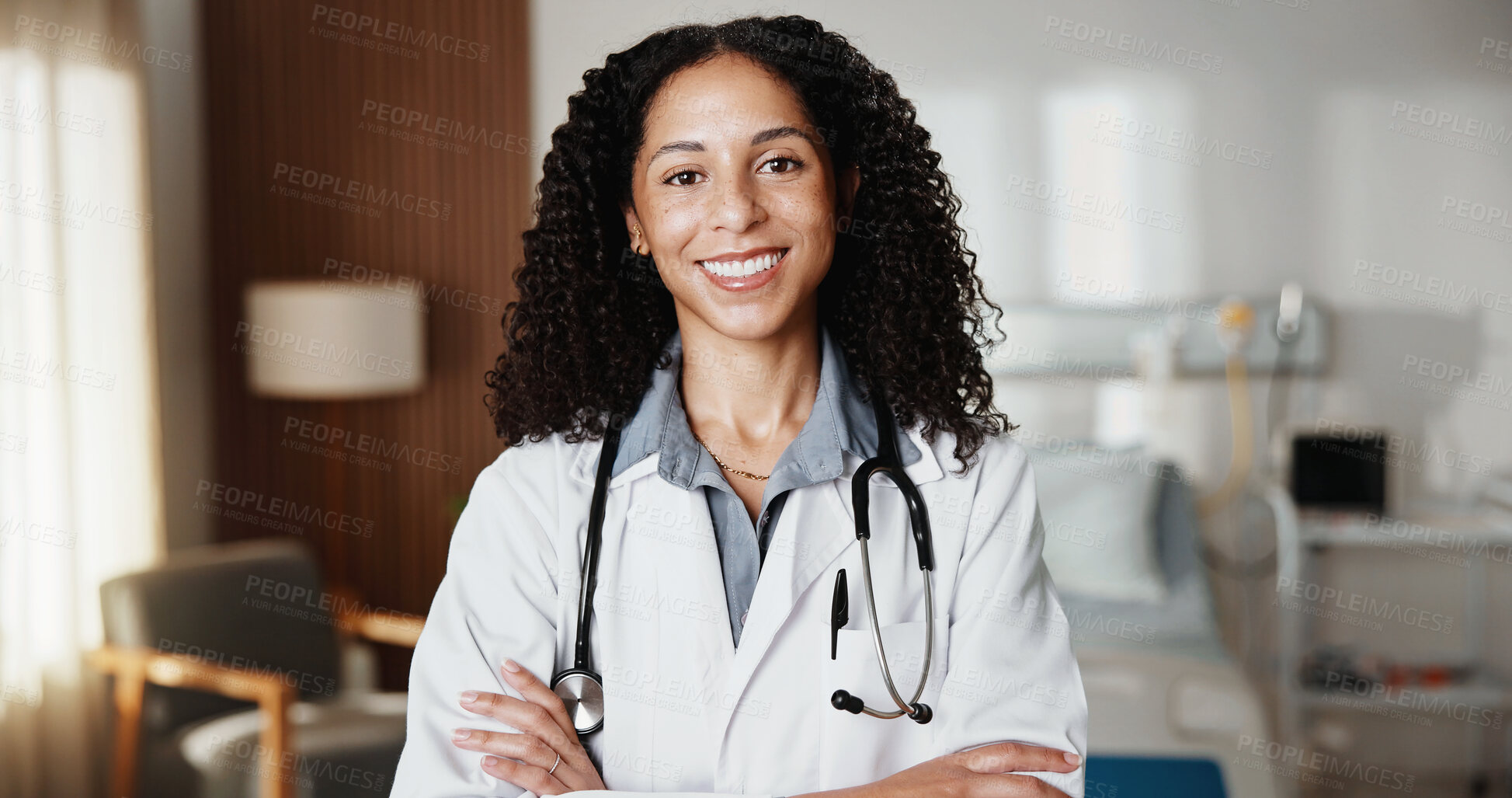 Buy stock photo Doctor, confidence and woman in hospital room for healthcare, smile and career integrity in clinic. Portrait, female person and medical professional with arms crossed, happy physician and pride