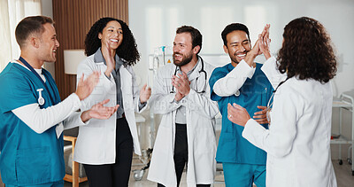 Buy stock photo Medical, team and doctors in hospital with high five, breakthrough and good news in treatment plan. Healthcare, happy and people with applause, surgery success and positive feedback in post operation