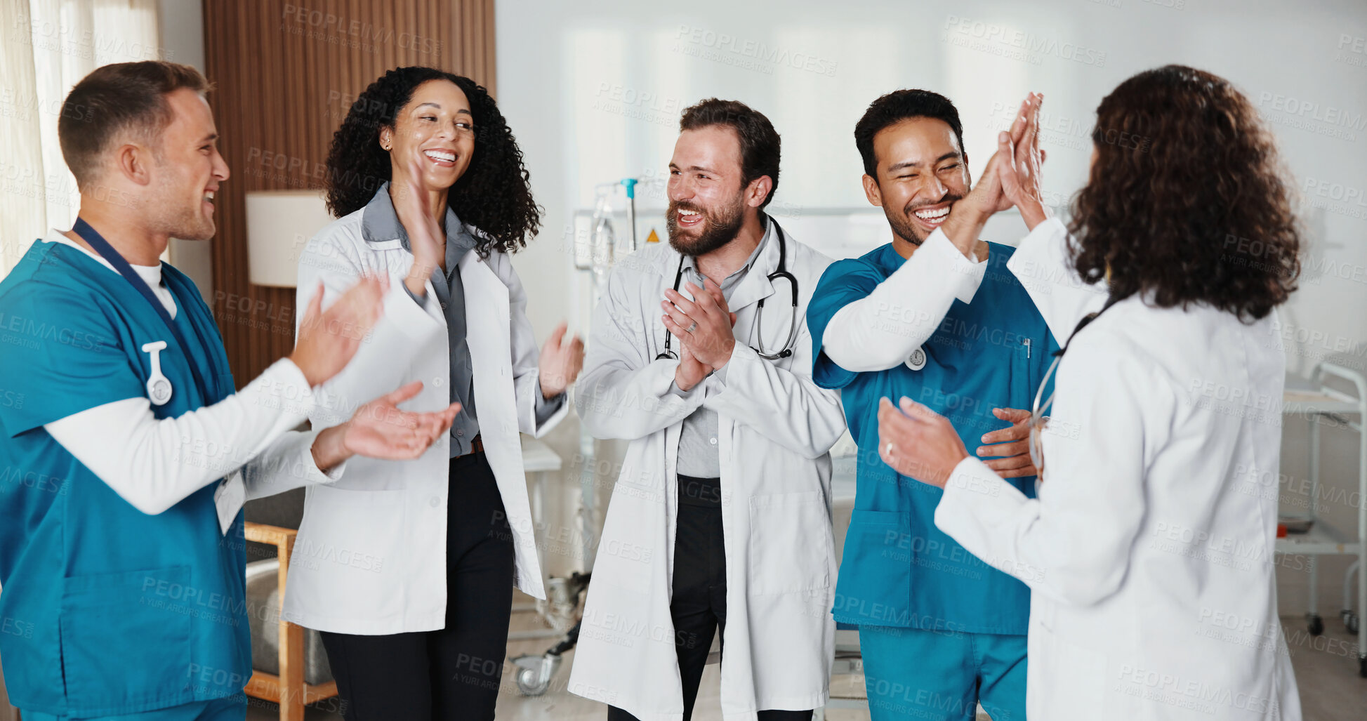 Buy stock photo Medical, team and doctors in hospital with high five, breakthrough and good news in treatment plan. Healthcare, happy and people with applause, surgery success and positive feedback in post operation