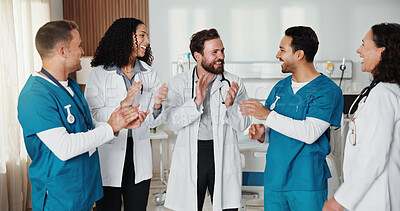 Buy stock photo Medical, team and doctors in hospital with applause, breakthrough and good news in treatment plan. Healthcare, happy and people with clapping, surgery success and positive feedback in post operation.