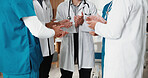 Medical, team and hands in hospital with applause, breakthrough and good news in treatment plan. Healthcare, people and doctors with clapping, surgery success and positive feedback in post operation.